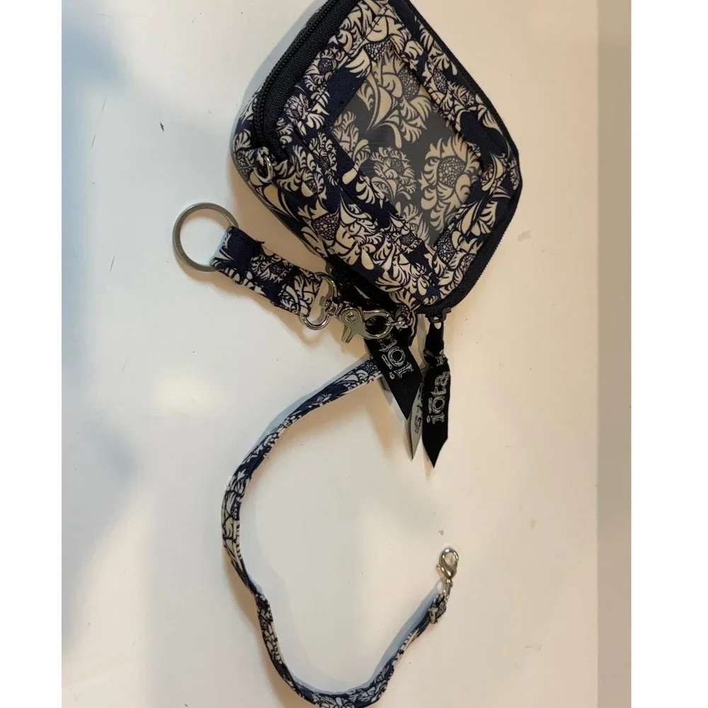 Iota Chic Navy Blue Floral Zip ID Case Wallet with Lanyard and Key Ring